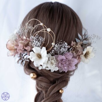 クリア×くすみピンクと林檎の花の髪かざり　成人式　卒業式　結婚式　振袖　着物　和装　ヘアアクセサリーの画像