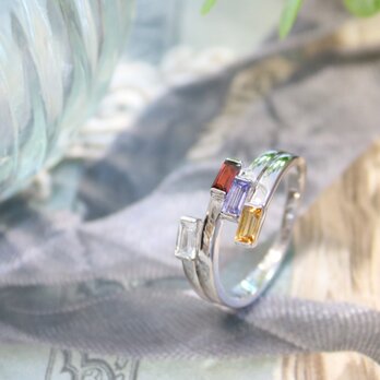 【マルチカラーリング】 誕生石四角指輪  バケットカット シルバー925 アクセサリー  天然石 ring　の画像