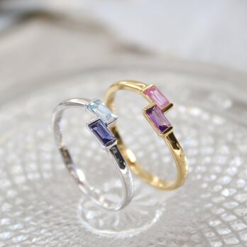 【ペアストーンリング 】 誕生石 刻印指輪 バケットカット アクセサリー ジュエリー 天然石四角 ringの画像