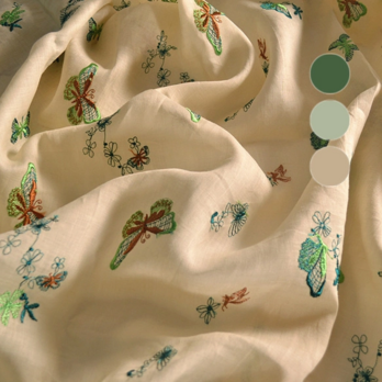 3色 ラミー麻100%刺繍生地 多色の蝶模様 夏の綿麻生地の画像