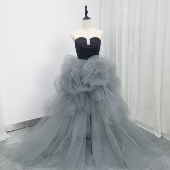 カラードレス ブルーグレー ベアトップ チュールスカート 前撮り デザイン感の画像