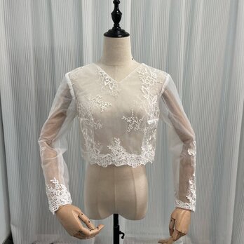 可愛い ボレロ Vネック 流れる透け花レース ファスナー ウェディングドレスの画像