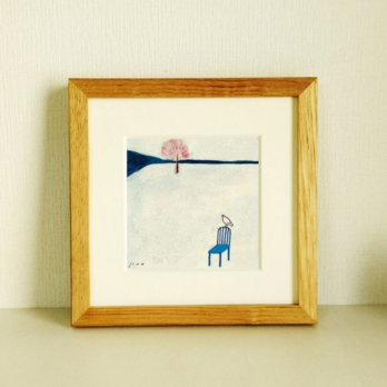 原画「広場」※木製額縁入り(18×18㎝フレーム）　絵画・水彩・絵の画像