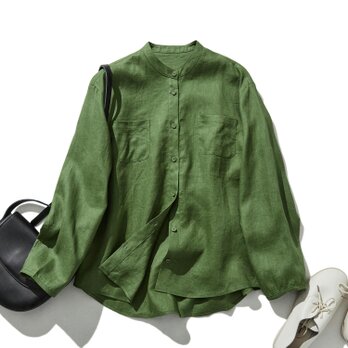 清潔感ある大人のリネンシャツ　リネン100％　長袖　緑色　240316-3の画像