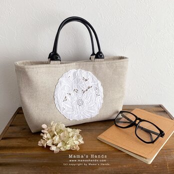 ⭐️3点限定⭐️ おしゃれな 北欧風 花刺繍レース リネン 革 小柄 トート 手提げ バックの画像