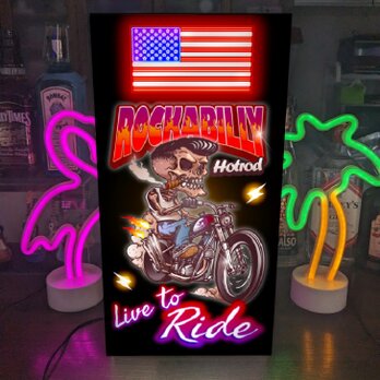 ロカビリー スカル ドクロ バイク オートバイ 骸骨 暴走族 ロック ガレージ ランプ 看板 置物 アメリカン雑貨 ライトBOXの画像