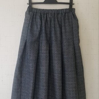 藍大島紬リメイク　裏地付きタックギャザースカート　の画像