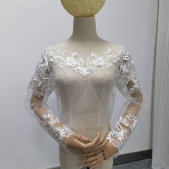 流れる透け花レース ボレロ ロングスリーブ Vネック くるみボタン ウェディングドレスの画像