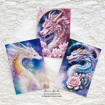 優しい 虹龍 桃龍 薔薇 女性性 のスピリチュアル 開運 アート ３枚 ハガキ ポストカード セットの画像