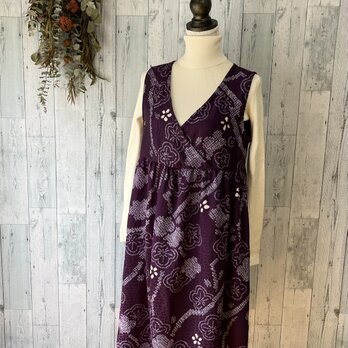 ☆　紫色の花柄絞りの着物から　カシュクールワンピース＆ストール　 着物リメイク　の画像