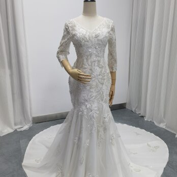 華やか ウェディングドレス キラキラ 3D立体レース刺繍 マーメイドライン 七分袖丈 披露宴/結婚式の画像