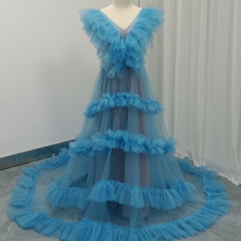 豪華！爽やかで優しいブルー カラードレス Vネック 柔らかく重ねたチュールスカート 妊婦 前撮りの画像