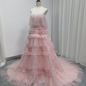 もこもこドレス ピンク カラードレス 柔らかく重ねたチュールスカート プリンセスラインの画像