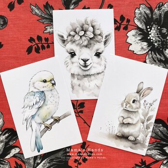 小鳥 アルパカ うさぎ 水彩画 イラスト アート ３枚 ハガキ ポストカード セットの画像