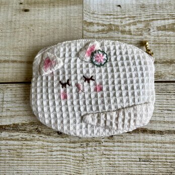 大人かわいい紫陽花と猫ちゃんの小さめポーチ　ワッフル生地　コットン　紫陽花　ポケットティッシュサイズ　小物入れ