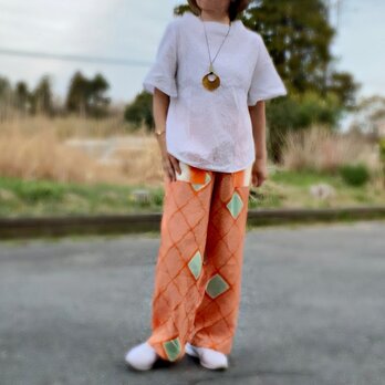 橙絞り　着物リメイク　ワイドパンツの画像