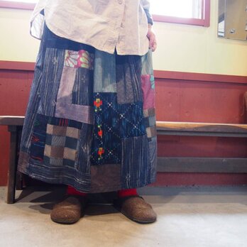 着物リメイク☆シックな紬で可愛くパッチ！ディリーに着たいパッチスカート80cm丈の画像