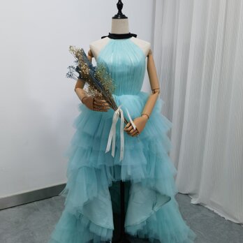 高品質！カラードレス 薄青 ホルターネック 柔らかく重ねたチュールスカート フィッシュテール 前撮りの画像