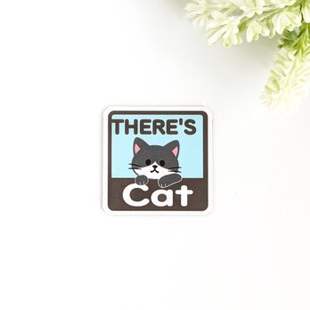 ４.５×４.５cm【＊ハチワレ猫＊THERE'S CAT（猫が居ます） マグネットステッカー】車 通院 玄関 ドア ポストの画像