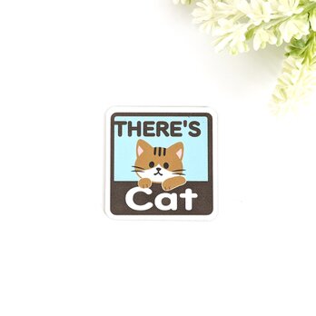 ４.５×４.５cm【＊キジシロ猫＊THERE'S CAT（猫が居ます） マグネットステッカー】車 通院 玄関 ドア ポストの画像