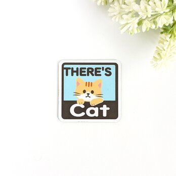 ４.５×４.５cm【＊茶シロ猫＊THERE'S CAT（猫が居ます） マグネットステッカー】車 通院 玄関 ドア ポストの画像