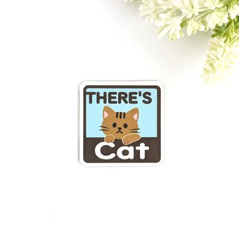 ４.５×４.５cm【＊キジトラ猫＊THERE'S CAT（猫が居ます） マグネットステッカー】車 通院 玄関 ドア ポストの画像