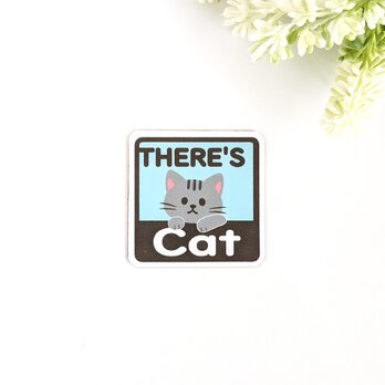 ４.５×４.５cm【＊サバトラ猫＊THERE'S CAT（猫が居ます） マグネットステッカー】車 通院 玄関 ドア ポストの画像