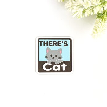 ４.５×４.５cm【＊グレー猫＊THERE'S CAT（猫が居ます） マグネットステッカー】車 通院 玄関 ドア ポストの画像