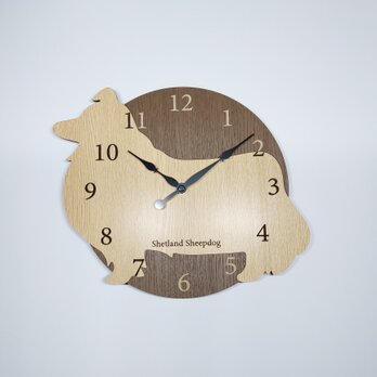 【ラッピング無料】名入れ・文字入れ　ワンちゃん はみ出し壁掛け時計 シェットランドシープドッグ　シェルティ　ベージュ  静音時計の画像