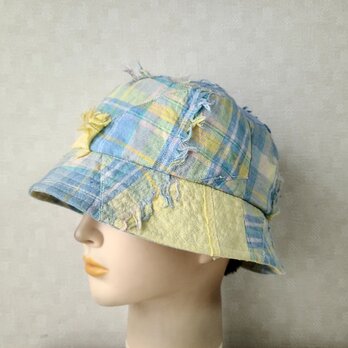魅せる帽子☆パッチワーク風マドラスチェックのバケットハット～ブルー&レモンイエローの画像