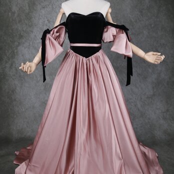 美品！黒 ビロード ピンク 光沢サテン プリンセスライン カラードレス 取り外し袖 ベアトップ 披露宴の画像