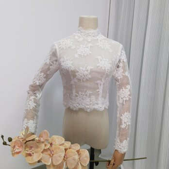 ボレロ 贅沢な小花総レース ロングスリーブ くるみボタン ウェディングドレスの画像