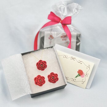 母の日ギフトセット　椿のネックレスとピアスorイヤリングのセット　赤/母の日　ギフト　福袋　和小物　贈り物　薔薇の画像