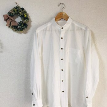 【受注・遠州織物 サイズ 0 or 1 or 2】ネップミックスダンガリー バンドカラー スクエアカットシャツ White 長袖の画像