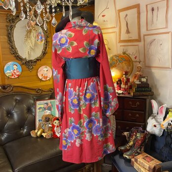 和洋折衷 浴衣 リメイク ワンピース ドレス 名古屋帯サッシュベルト レトロ 古着 和 モダン 素敵な花柄　W-248の画像