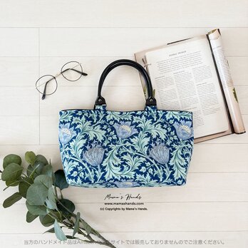 ⭐️5点売れました⭐️ ウィリアムモリス アネモネ ネイビー 紺 花柄 小柄 革 トート 手提げ バック