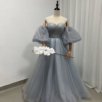 カラードレス ブルーグレー ベアトップ ソフトチュール 取り外しふわふわ袖 前撮り 結婚式の画像