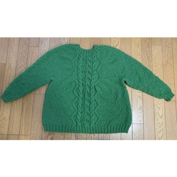 手編み☆ 黄緑色のアラン模様セーターの画像
