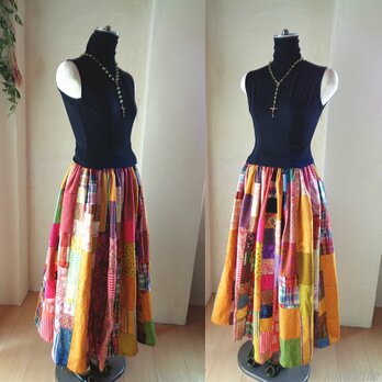 絵画なパッチワーク♥saffron yellow♥85㎝丈 ボリューム ロングギャザースカート wゴムの画像
