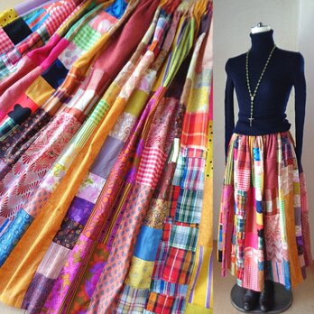 sold 1点もの 絵画なパッチワーク♥saffron♥85㎝丈 ボリューム ロングギャザースカート wゴムの画像
