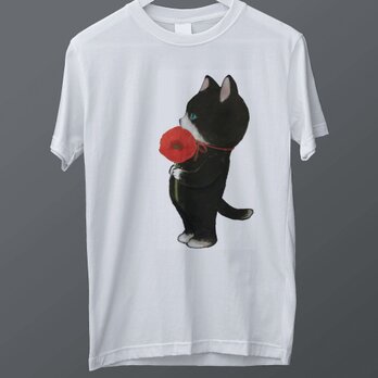 ★送料無料★雛罌粟と子猫のTシャツ(受注制作/ユニセックスS〜XXL)の画像