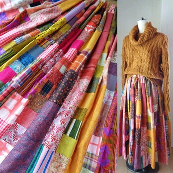 sold 1点もの 絵画なパッチワーク♥saffron♥90㎝丈 ボリューム ロングギャザースカート wゴムの画像