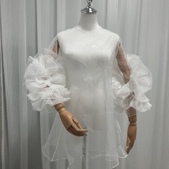 トップス 上質オーガンジー ラッフルフリル ふわふわ袖 色直し 可愛い ウェディングドレスの画像