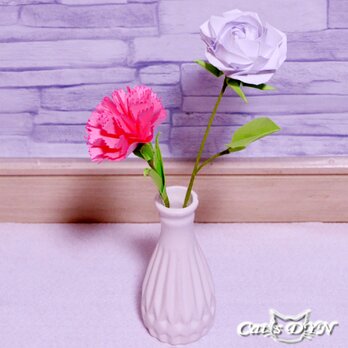 ピンクのカーネーションと薔薇の花（シンプル）（折り紙の薔薇の花）の画像