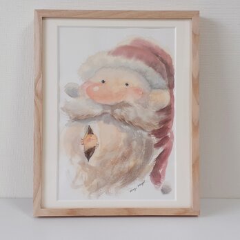 額付き水彩画『サンタのひげからひょっこり』の画像