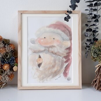 額付き水彩原画『サンタのひげからひょっこり』の画像