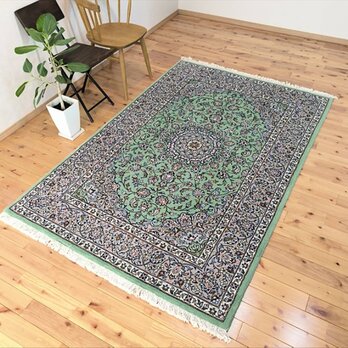 ペルシャ絨毯　カシャーン産 ライトグリーン エメラルドグリーン 若草色 214×140cmの画像