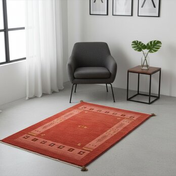 目玉品】ペルシャ　ギャッベ　ハーフラグ　150x105cm 　桃色　茜色　ヤギ　羊　花