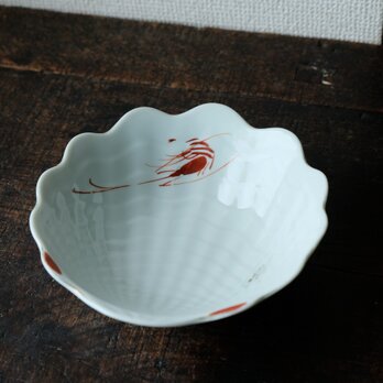 貝殻に海老◆美濃焼。赤絵金彩深皿　現代品　和食器　膾皿　鉢　レトロ　暮らしに。の画像