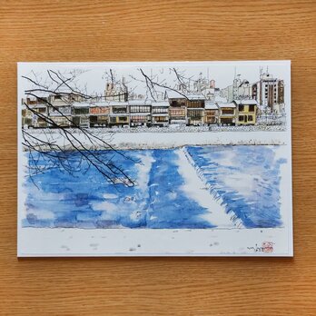 A4サイズ「 京都　雪の鴨川」　京の水彩画工房の画像